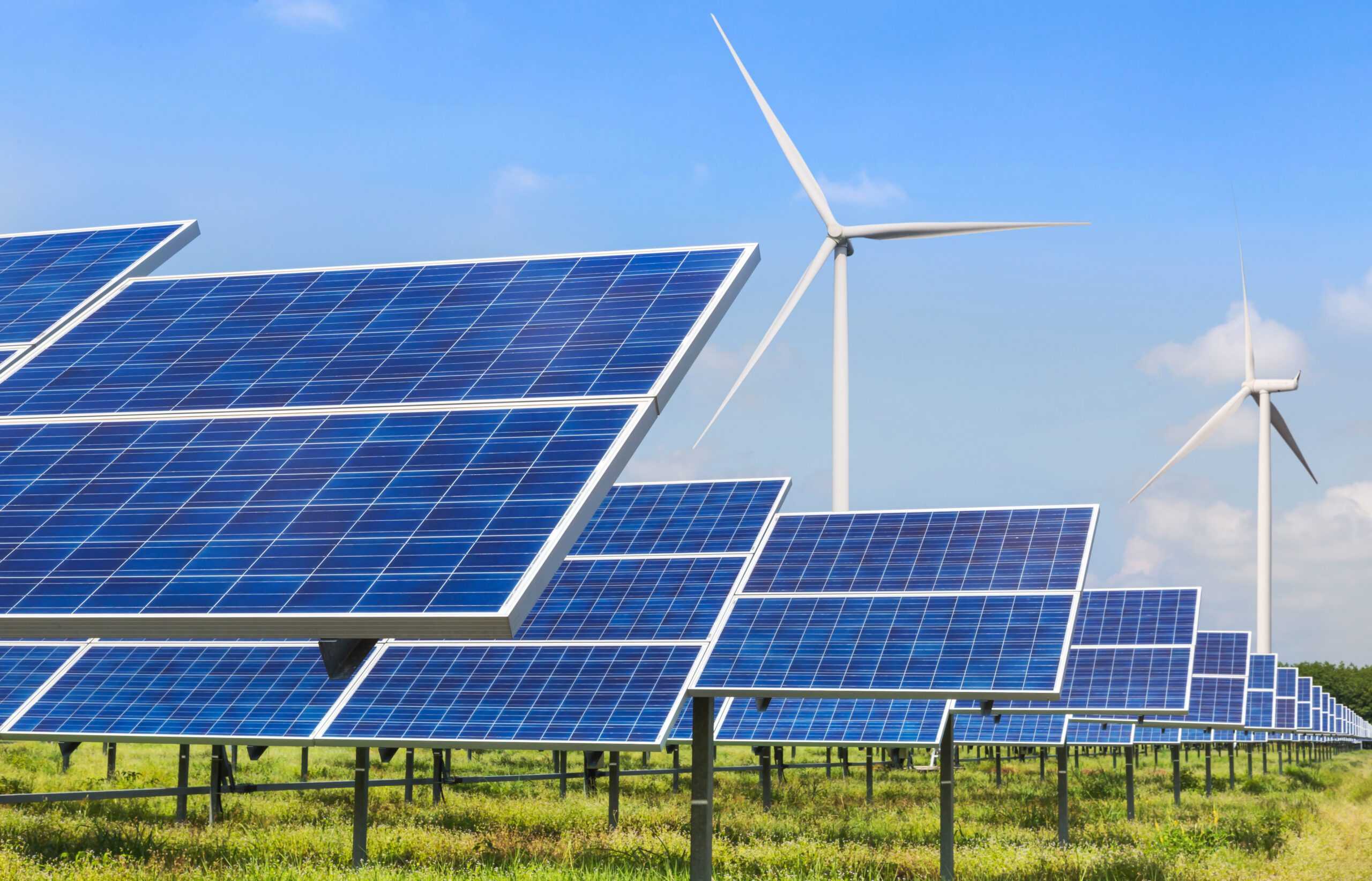 Wind Turbines Generating Electricity in Solar Power Station